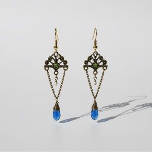 Antique Gold Blue Gemstone Green Crystal Teardrop Dangle Earrings Hand Crafted